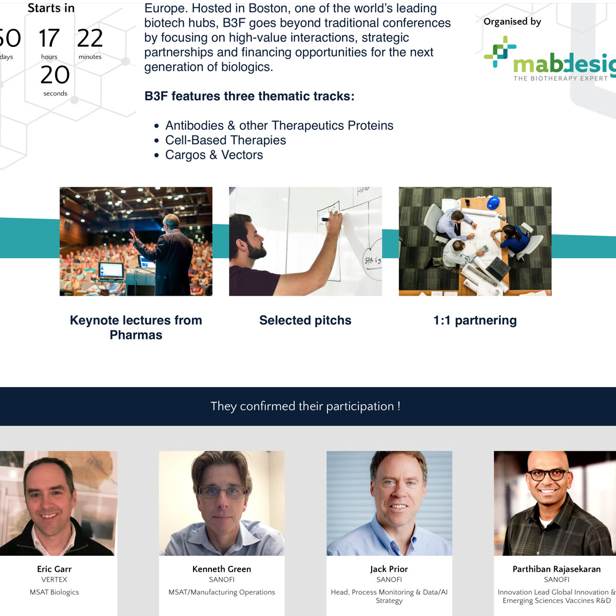 Boston Biologics Business Forum 2026 site, organised by MabDesign: confirmed speakers Eric Garr, Kenneth Green, Jack Prior, and Parthiban Rajasekaran