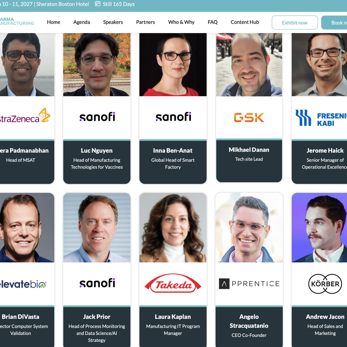 Pharma Manufacturing Summit USA 2027 speakers page, March 10 to 11 at the Sheraton Boston, with Jack Prior among the Sanofi speakers